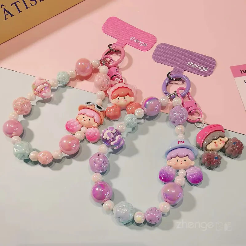 Dây Móc Điện Thoại Chuỗi Hạt Ngọc Trai Kẹo Ngọt Đính Búp Bê Hoạt Hình 3D