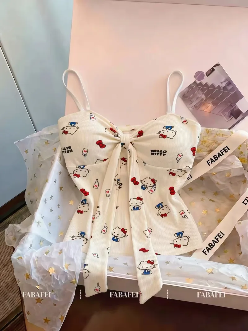 Áo Hai Dây Thun Gân In Họa Tiết Hello Kitty Thắt Nơ Ngực Phong Cách Soft Girl