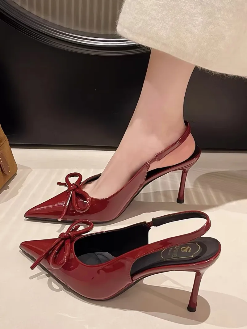 Giày Cao Gót Mũi Nhọn Đính Nơ Quai Hậu Slingback Style Pháp Sang Chảnh