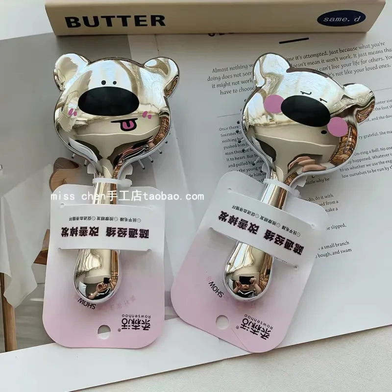 Lược chải tóc đệm khí massage đầu hình gấu mạ bạc tráng gương chống tĩnh điện Ins style