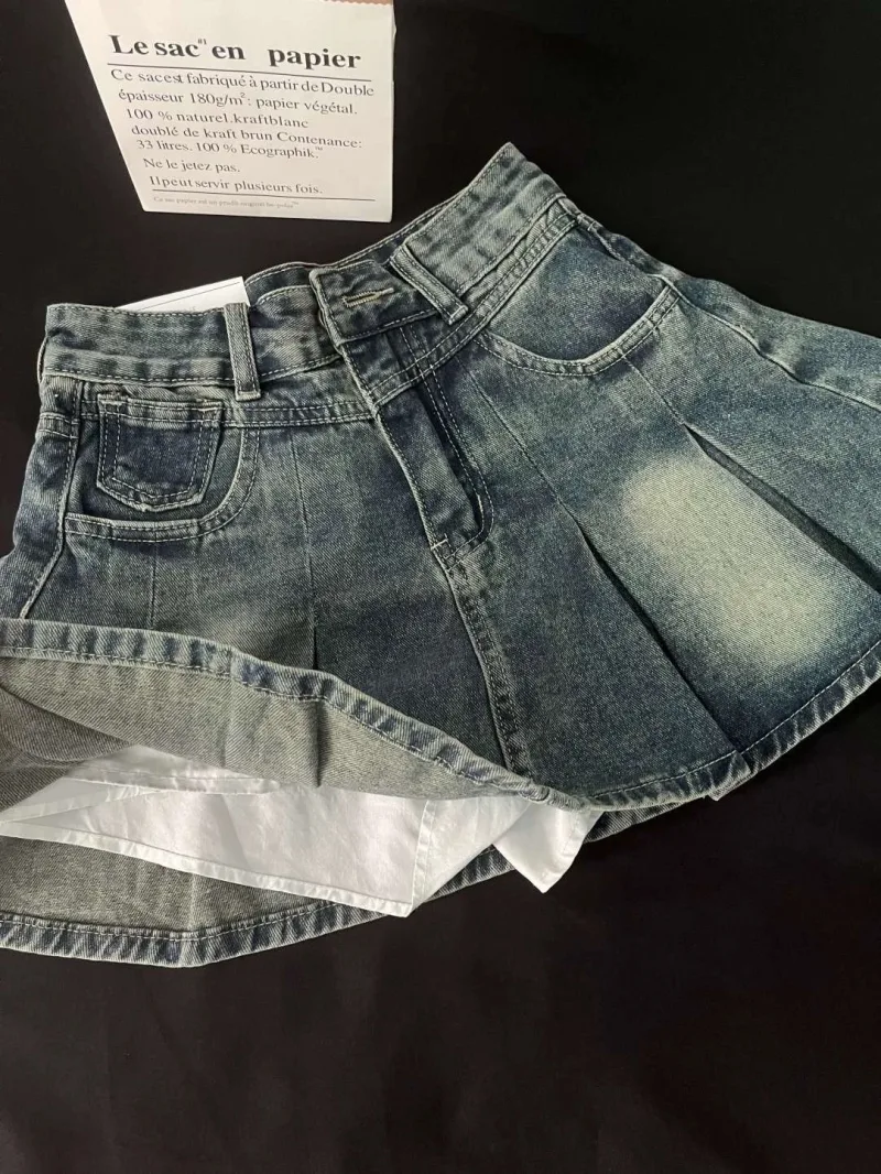 Chân Váy Denim Xếp Ly Dáng A Cạp Cao Phong Cách Mỹ Retro Kèm Bảo Hộ Anti-poking