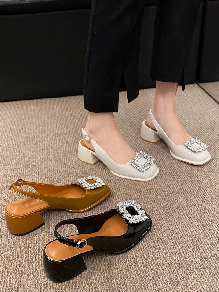 Giày Mary Jane Bít Mũi Vuông Đính Khóa Đá Pha Lê Gót Vuông Slingback Retro Pháp