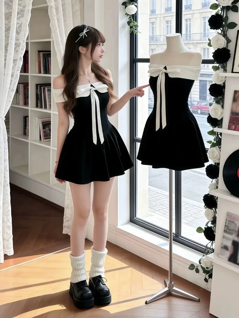 Váy Trễ Vai Phối Nơ Trắng Dáng Xòe Công Chúa Phong Cách Tiểu Thư Sang Chảnh