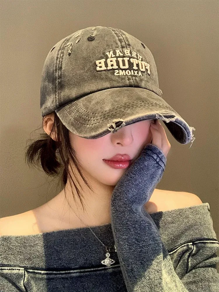 Mũ Lưỡi Trai / Nón Kết Denim Wash Màu Rách Cào Thêu Chữ Phong Cách Mỹ Retro Y2K