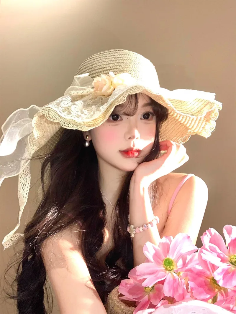 Mũ Cói Vành Rộng Phối Dải Ren Hoa & Nơ Ruy Băng Style Đi Biển / Dã Ngoại Nữ Tính