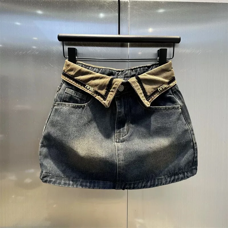 Chân Váy Denim Cạp Lật Phối Màu Vintage Dáng A Ôm Hông Màu Xám Xi Măng Wash Cổ Điển