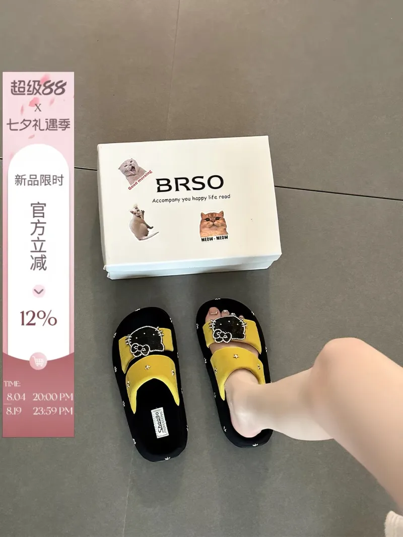 Dép Lê Quai Ngang Đính Đinh Tán & Họa Tiết Mèo Cartoon Độn Đế Style Hàn Quốc Đáng Yêu