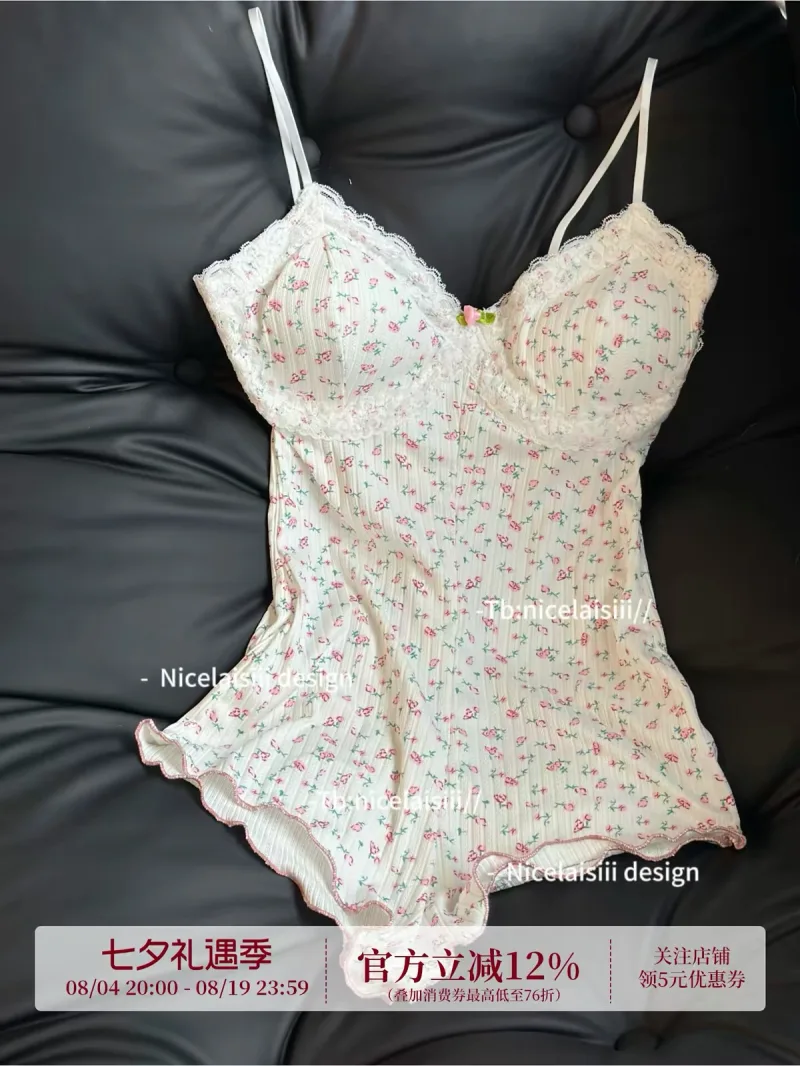 Bodysuit / Bộ Đồ Ngủ Liền Thân Hai Dây Hoa Nhí Viền Ren Có Mút Ngực Style Pháp Mẫu Nicelaisiii