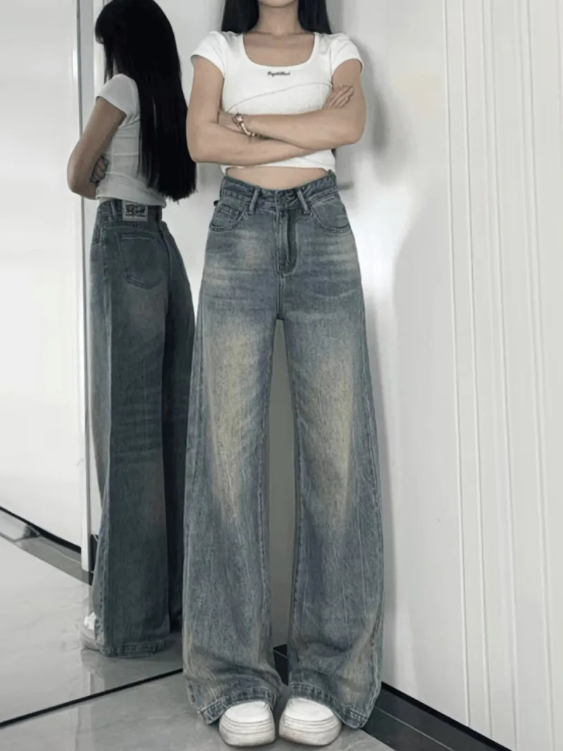 Quần Jeans Ống Rộng Cạp Cao Màu Xanh Nhạt Dáng Suông Dài Hack Dáng Cho Người Dáng Quả Lê