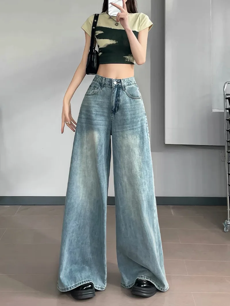 Quần Jeans Ống Suông Rộng Cạp Cao Màu Xanh Nhạt Vải Mỏng Mát Rủ Dài Hack Dáng