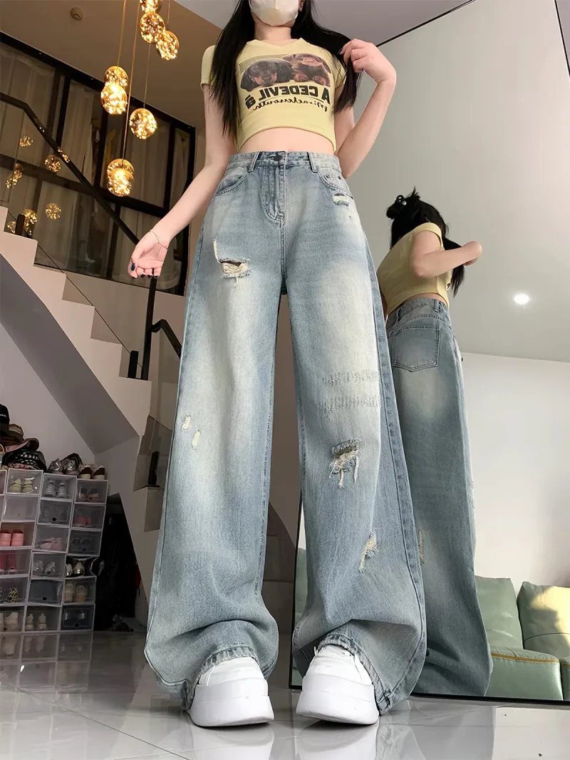 Quần Jeans Ống Rộng Cạp Cao Rách Cào Mài Wash Phong Cách Mỹ Retro Y2K Hack Dáng