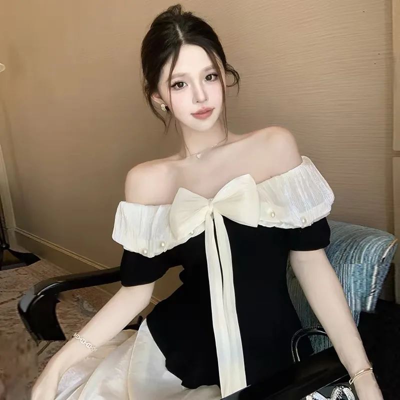 Áo Kiểu Trễ Vai Phối Nơ Voan & Đính Hạt Ngọc Trai Dáng Ôm Sang Chảnh Style Pháp