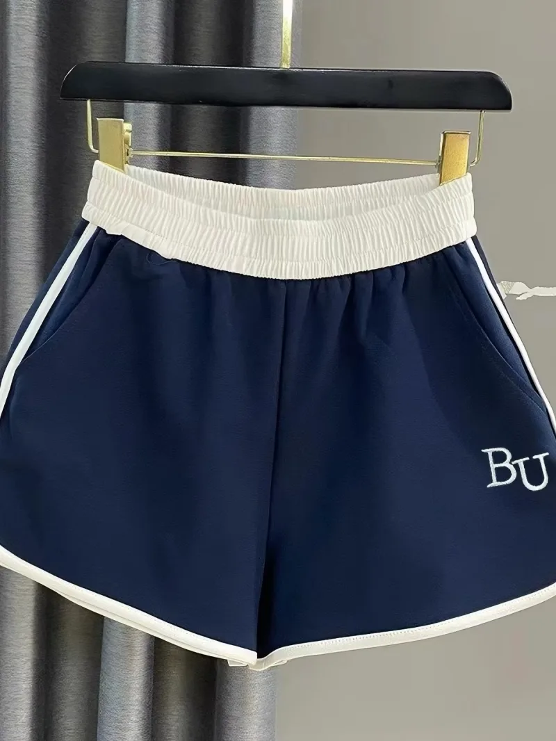 Quần Short Thể Thao Cạp Thun Phối Viền Mép Thêu Chữ Chữ A Dáng Xòe Ống Rộng Năng Động