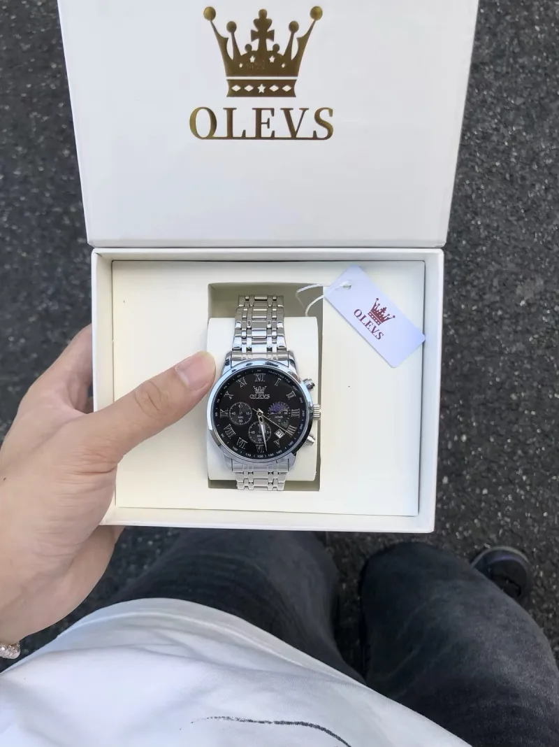 Đồng Hồ Nam OLEVS Chính Hãng Dây Thép Kim Loại Mặt Số La Mã 6 Kim Đa Chức Năng Chống Nước Lịch Lãm