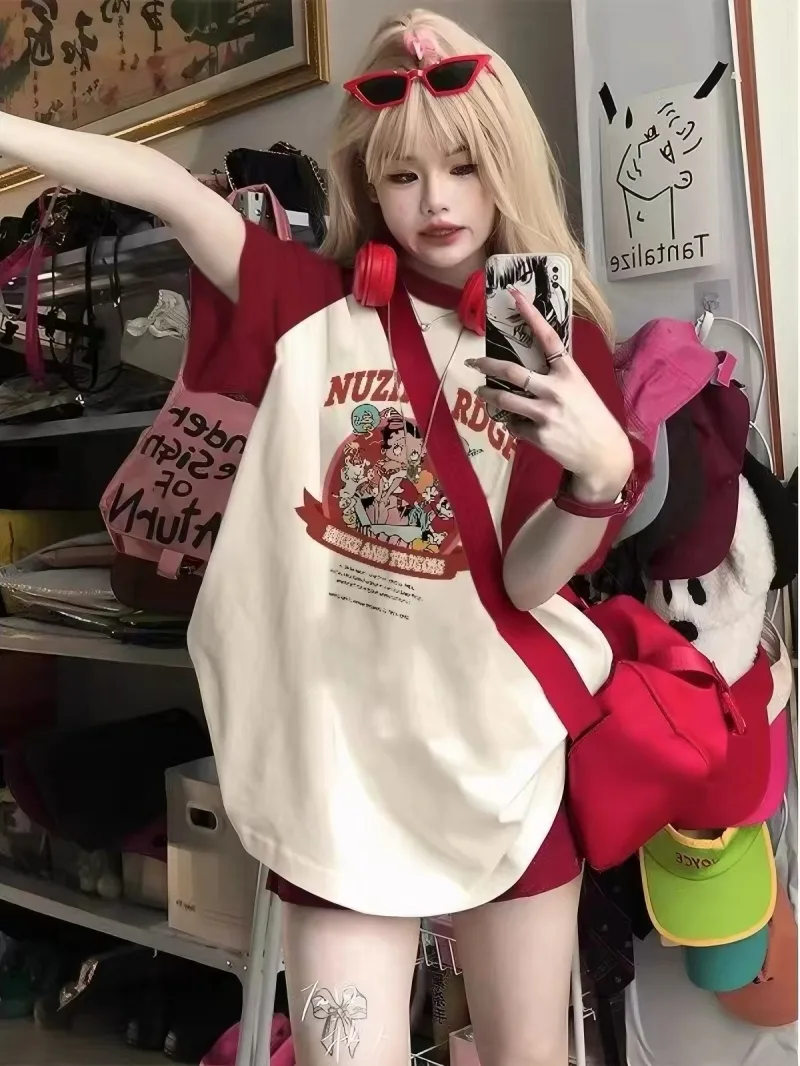 Áo Thun Raglan Tay Lỡ Phối Màu Đỏ Rượu In Họa Tiết Hoạt Hình Retro Style Mỹ / Y2K Cá Tính Giấu Quần Tôn Dáng