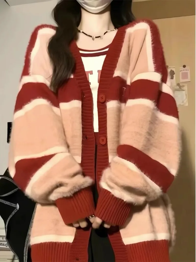 Áo Khoác Cardigan Len Lông Dày Kẻ Sọc Đỏ Rượu Phối Be Hồng Phong Cách Lười Biếng / Vintage Hàn Quốc Cao Cấp Thu Đông
