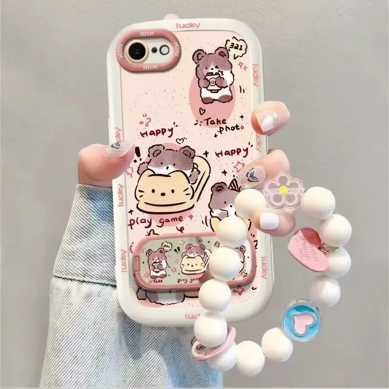 Ốp Lưng iPhone Hình Gấu Hoạt Hình Kèm Vòng Dây Đeo Chuỗi Hạt Silicon Tròn Khóa Tim / Hoa Xinh Xắn Chống Sốc Style Hàn Quốc Dễ Thương