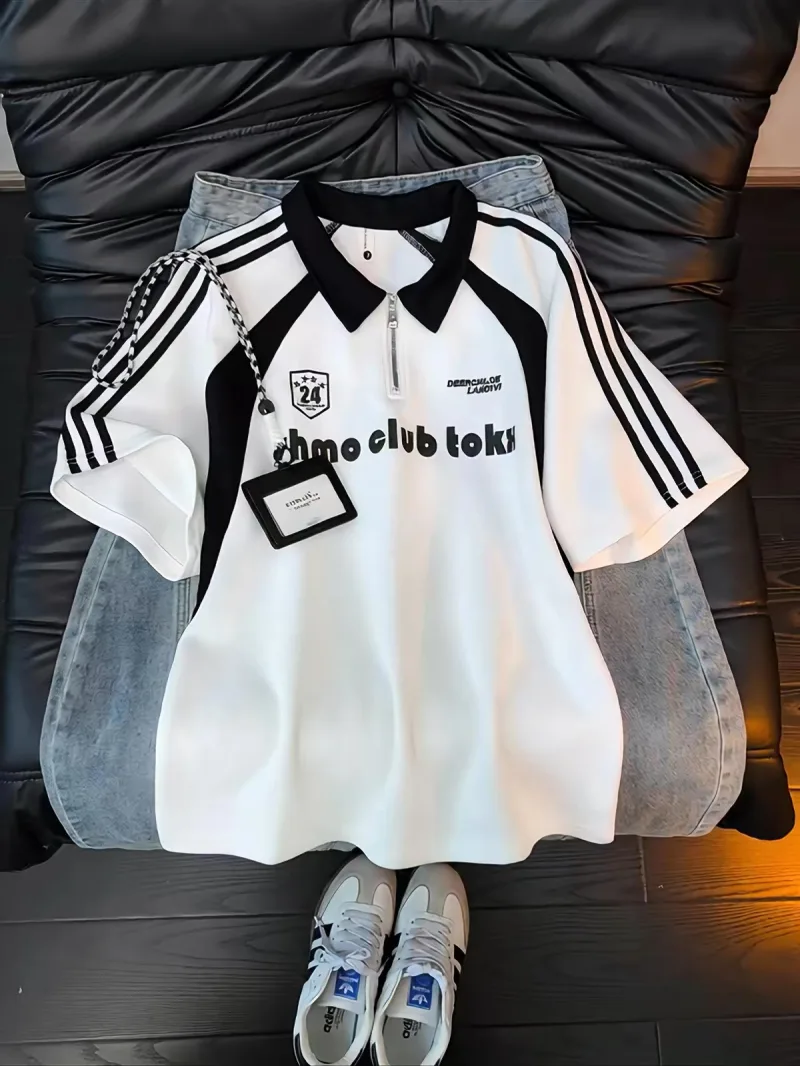 Áo Thun Polo Khóa Kéo Nửa Ngực Phối Màu 3 Sọc Thể Thao Phong Cách Blokecore / Racing Mỹ Form Rộng Cá Tính Unisex